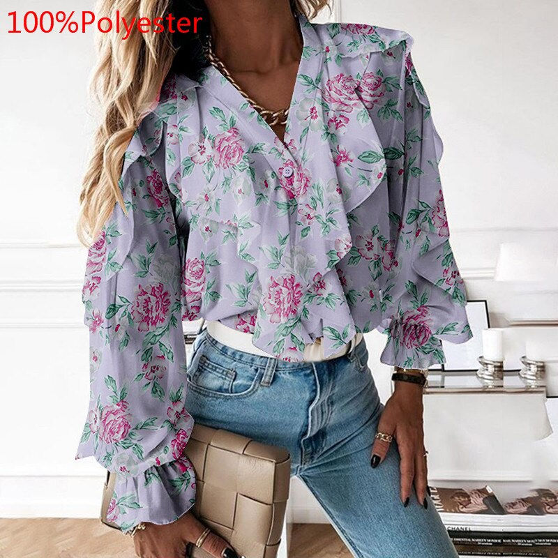 Thumbnail: Women Ruffled Blouses Celmia 2021 Autumn Stylish Tops Sexy V neck Long Sleeve S