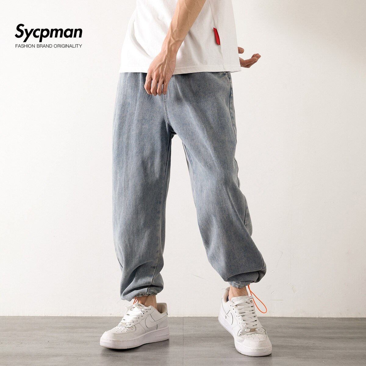 Light Blue Jeans Men Summer Thin Loose and Thin Pants Elastic Waist Straight
