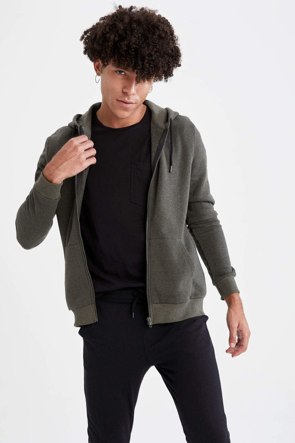 DeFacto Spring Man Hoodies & Sweatshirt Slim Fit Hooded Zipper Sweatshirt Stree