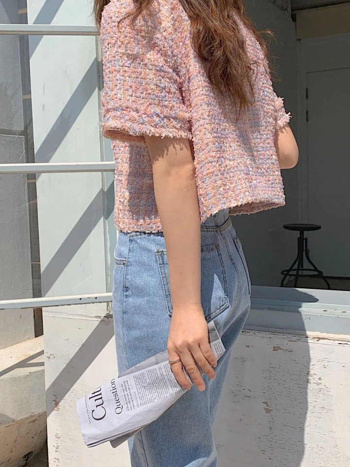 Thumbnail: Korejpaa Women Jackets  Summer Korea Chic Ladies French Retro Round Neck Raw Edg