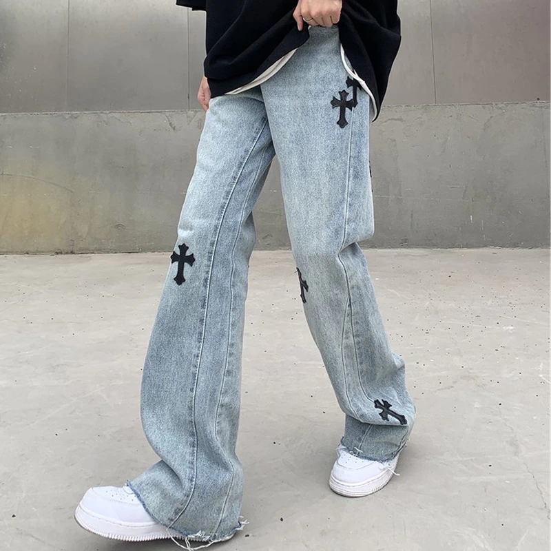Thumbnail: Streetwear Korean Fashion Female Clothes Cross Applique Jeans Woman High Waist