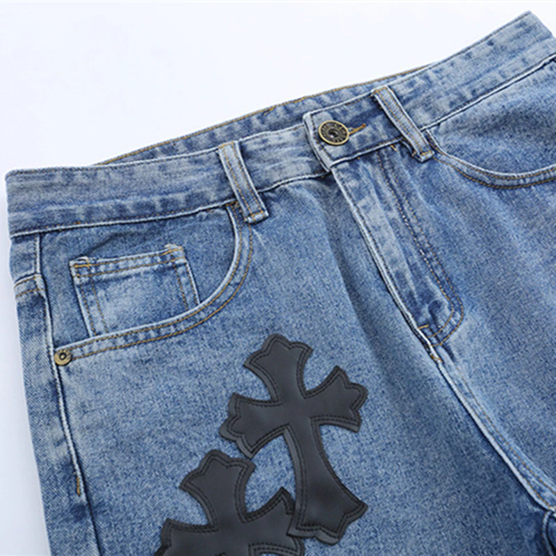 Thumbnail: 2021 Leather Cross Embroidery Travis Scott Punk Men Baggy Jeans Pants Hip Hop S