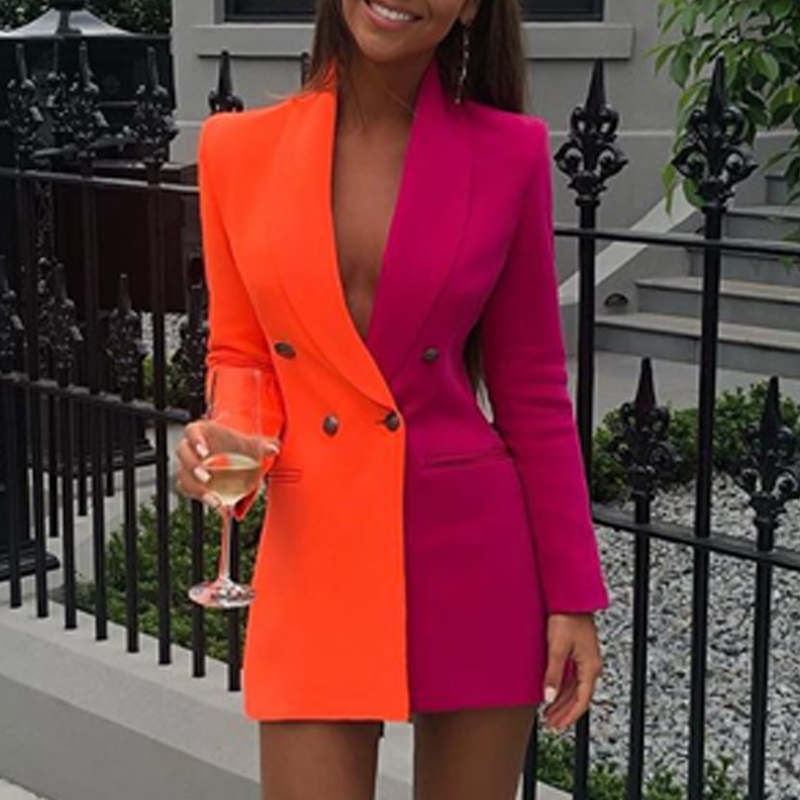 Thumbnail: IN STOCK Women Blazer Dress Patchwork Long Sleeve Blazer Dress Women Button Ves