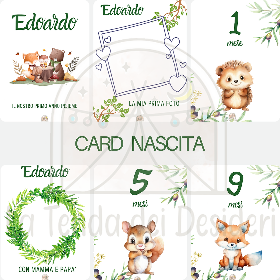 Miniatura: card nascita il mio primo anno, personalizzate con il nome. card per fotografare il mio bimbo dal 1° al 12° mese, giungla