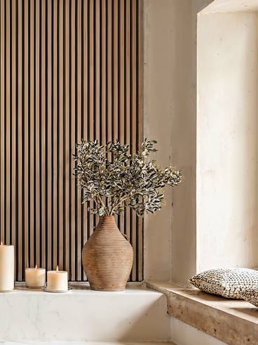 Timber slat acoustic panels in DETAIL LIVING ROOM feature wall natural veneer