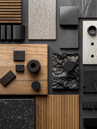 ARTIEM material moodboard showing curated finish and texture direction premium minimal aesthetic, timber panel sample with subtle laser-marked pattern (2D surface marking), frosted glass sample, fibre cement (CFC) sample, blackened steel sample, matte black hardware chip, neutral background, clean composition
