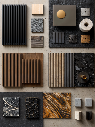 ARTIEM material moodboard showing curated finish and texture direction timber acoustic panel samples showing micro-perf, perforation, slat, groove textures as small swatches, dark acoustic backing/felt sample, fastener/clip sample in brushed metal, neutral stone/plaster chip, clean background
