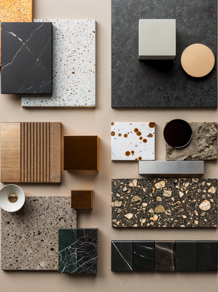 ARTIEM material moodboard showing curated finish and texture direction warm golden hour studio lighting, premium minimal aesthetic, facade material swatches: fibre cement (CFC) panel sample, pigmented coating chips (matte), anodised aluminium sample, stainless steel sample, sealant/edge trim sample, neutral background, subtle shadows
