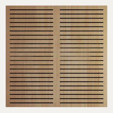Slotted acoustic timber panel sample—2-row slot pattern close-up for ARTIEM Slot Panels.
