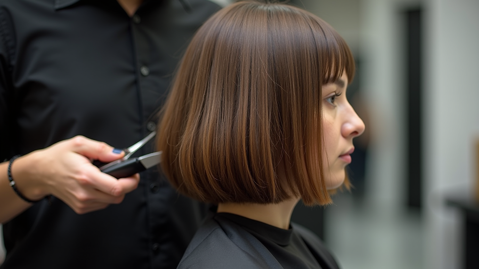 Close-up view of a hairdresser trimming a layered bob haircut