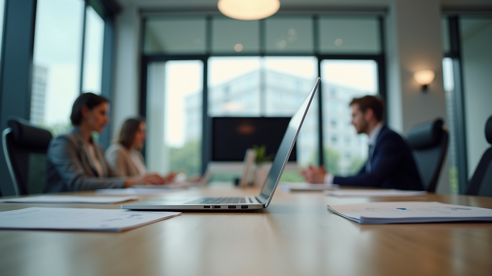 Eye-level view of a modern office meeting room with a laptop and documents