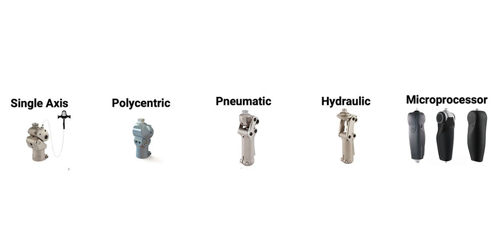 Diagram of prosthetic leg socket types labeled Single Axis, Polycentric, Pneumatic, Hydraulic, and Microprocessor on white background.