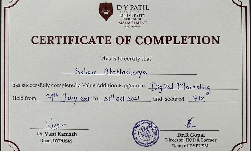 Soham Bhattacharya Certificate for Digital Marketing from DY Patil School of Management.jp