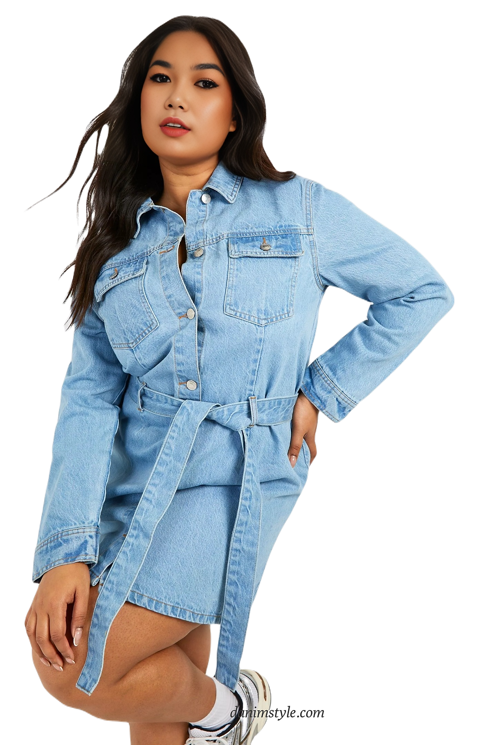 Thumbnail: Denim Belted Women Plus Size Dress,(Light-Blue)