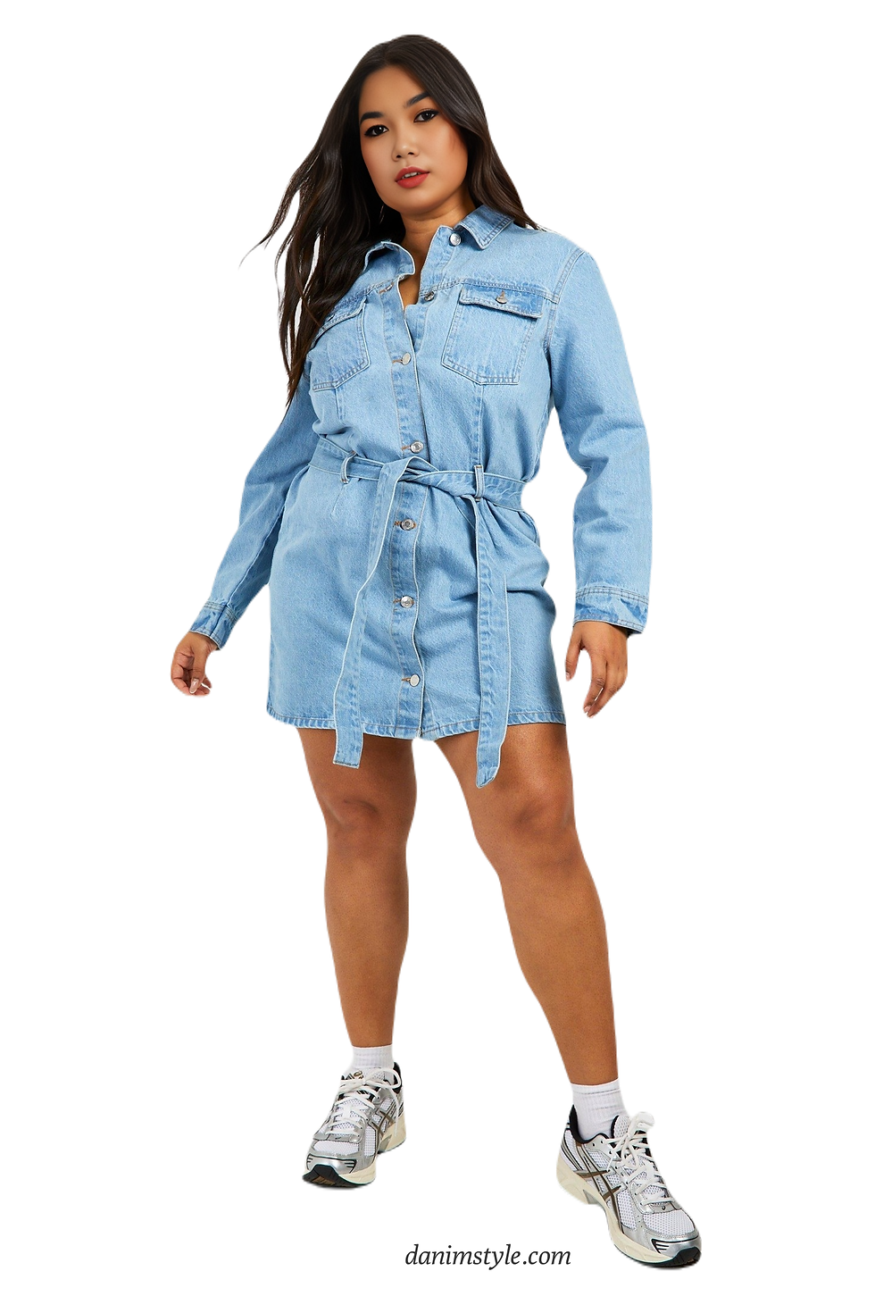 Thumbnail: Denim Belted Women Plus Size Dress,(Light-Blue)