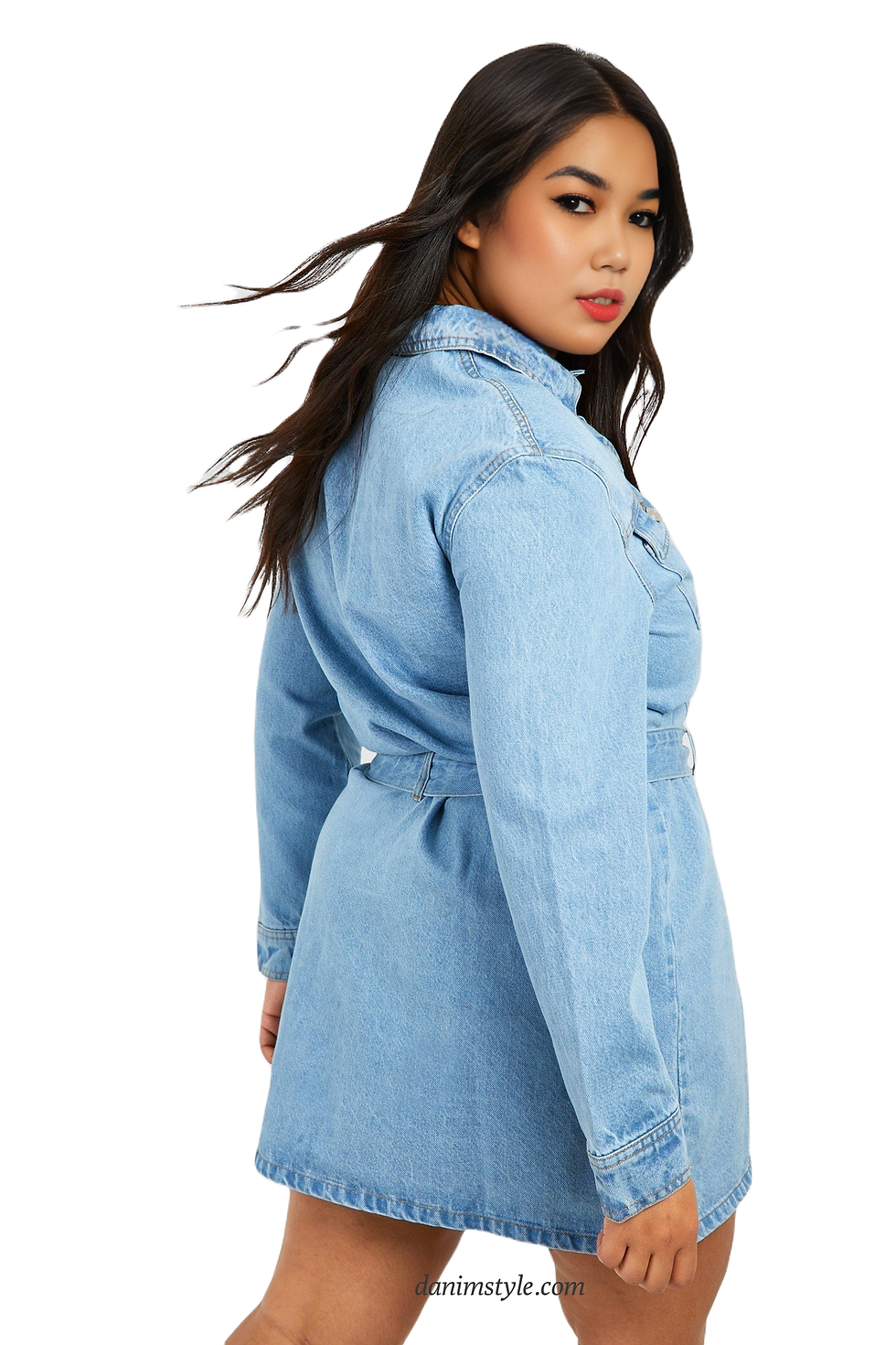 Thumbnail: Denim Belted Women Plus Size Dress,(Light-Blue)