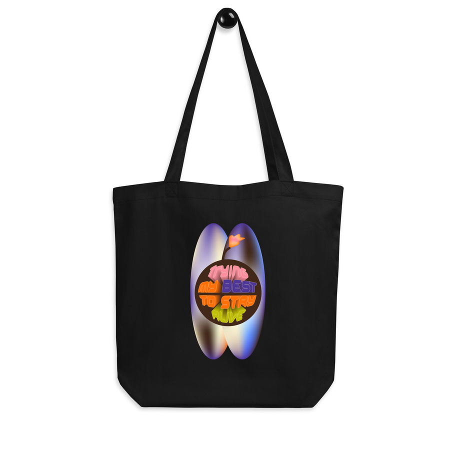 Black tote bag featuring "STAY ALIVE" colorful logo graphic design.