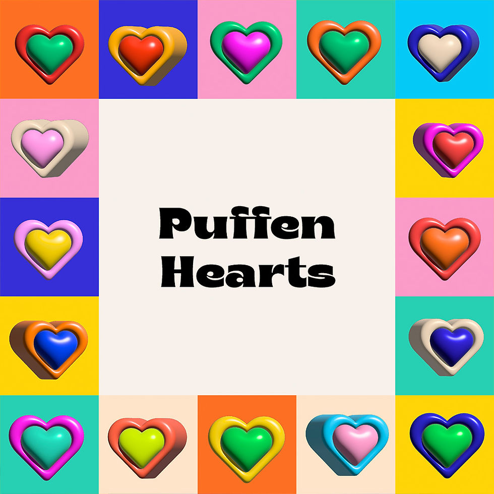 Colorful Puffin Hearts text with multiple heart variations and color combinations for design.