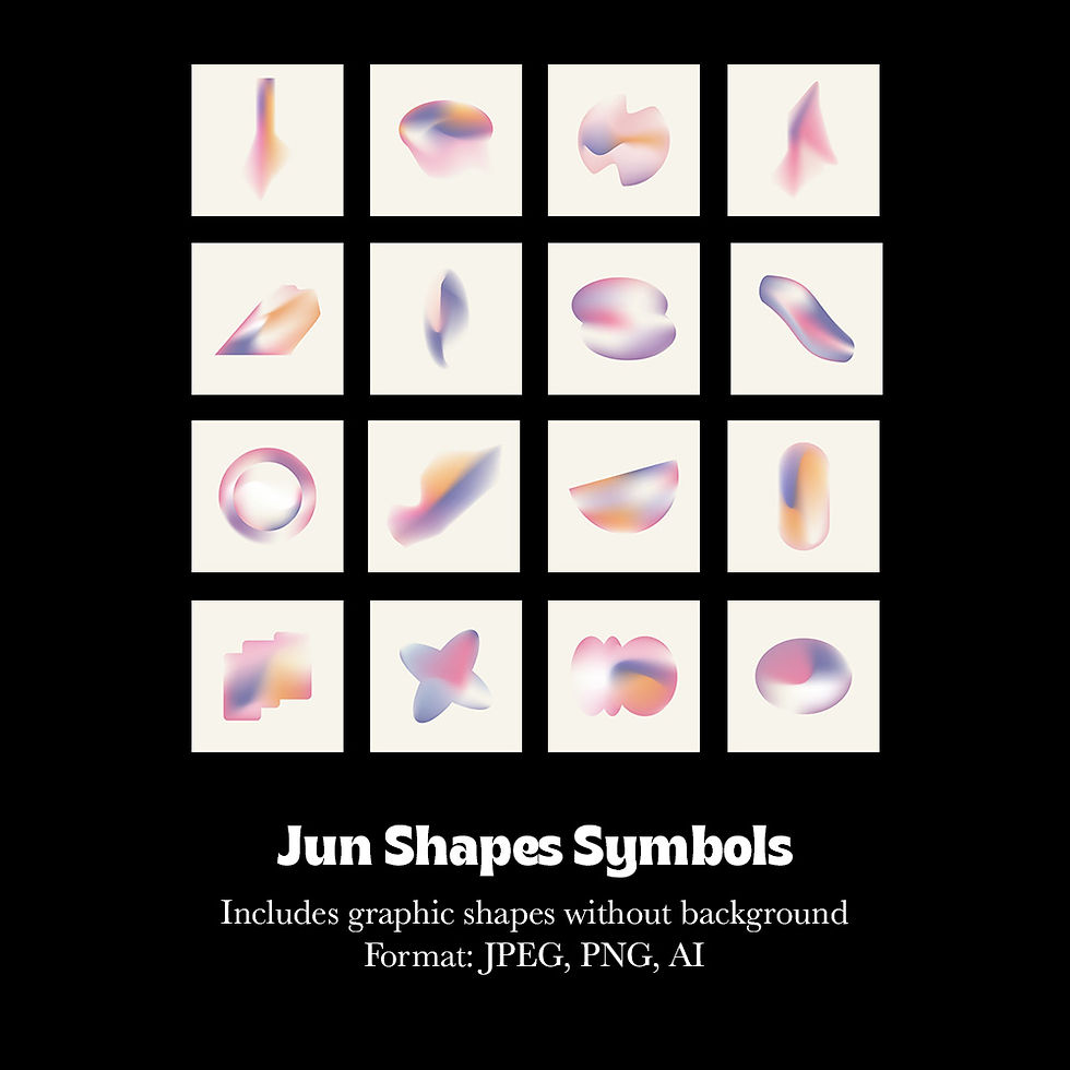 Jun Shapes Symbols graphic design elements in JPEG, PNG, and AI formats with black background.