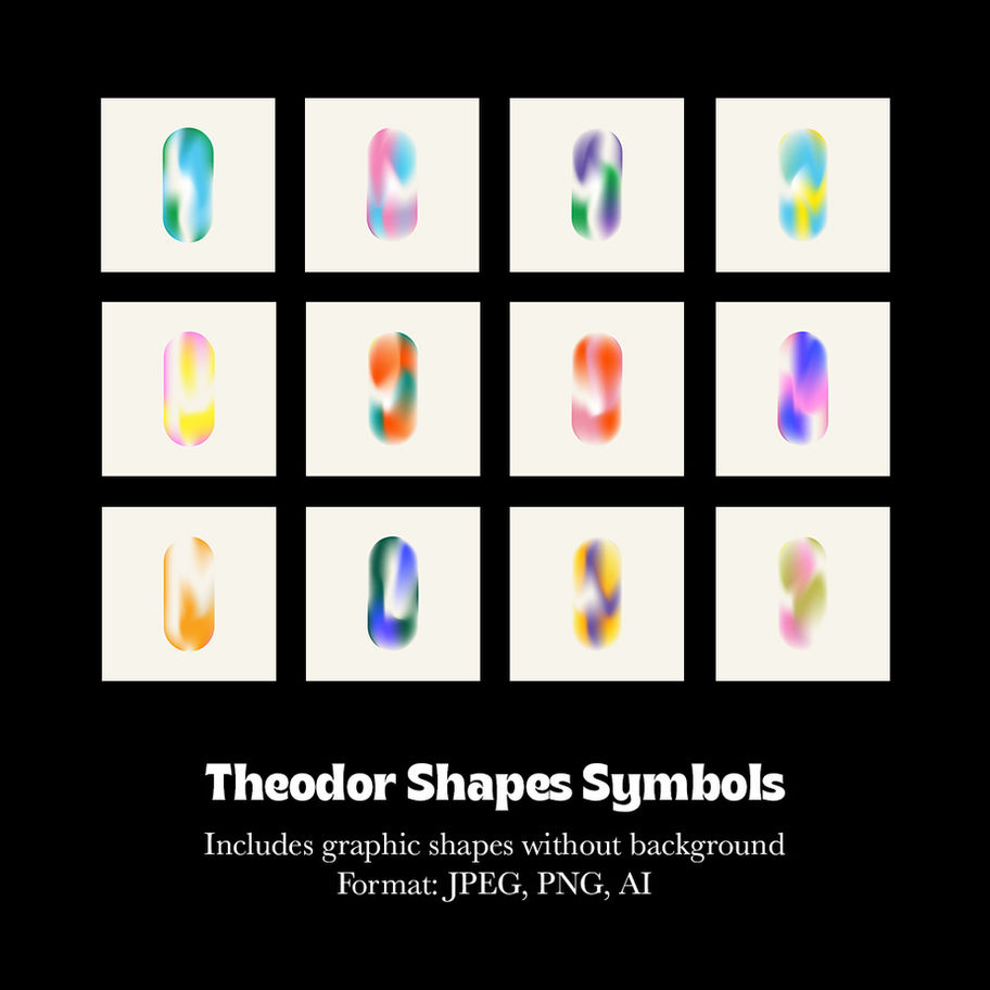 Twelve colorful Theodor Shapes Symbols, graphic design elements with no background.