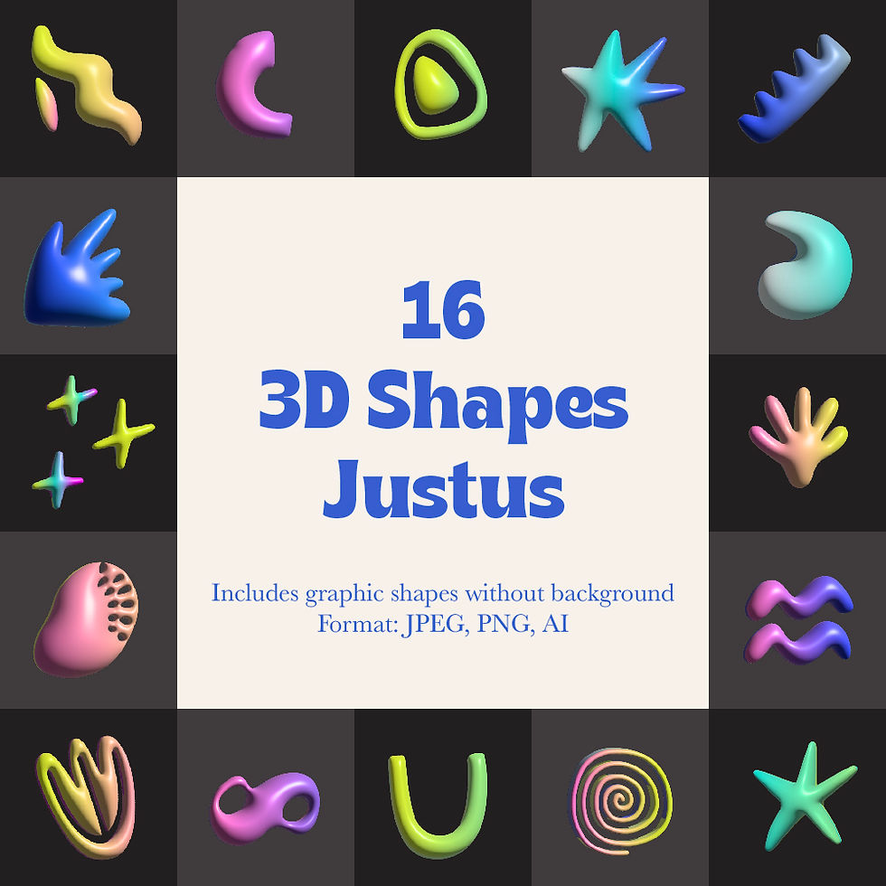 Sixteen 3D shapes Justus with text, graphic shapes, JPEG, PNG, and AI formats.