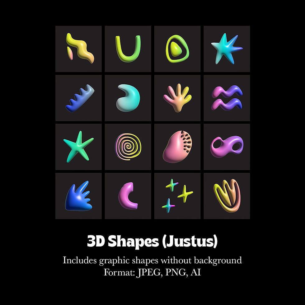 Sixteen colorful 3D shapes with Justus text and graphic shape details on black.