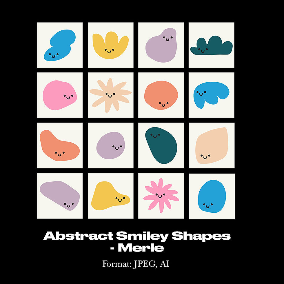Abstract Smiley Shapes - Merle, JPEG, AI format, various colorful designs on black background.