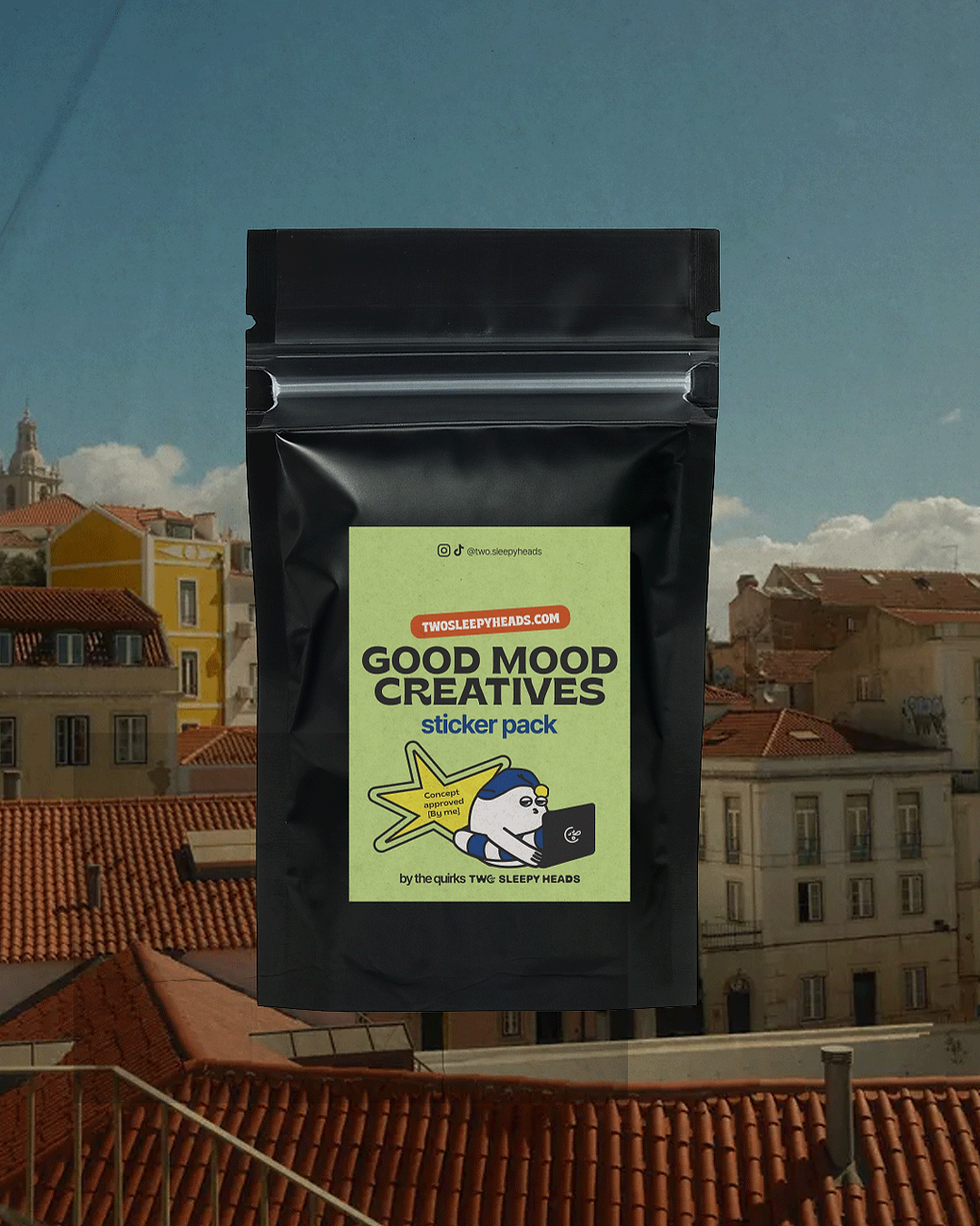Good Mood Creatives Sticker Pack, black pouch with label featuring a cartoon wolf.