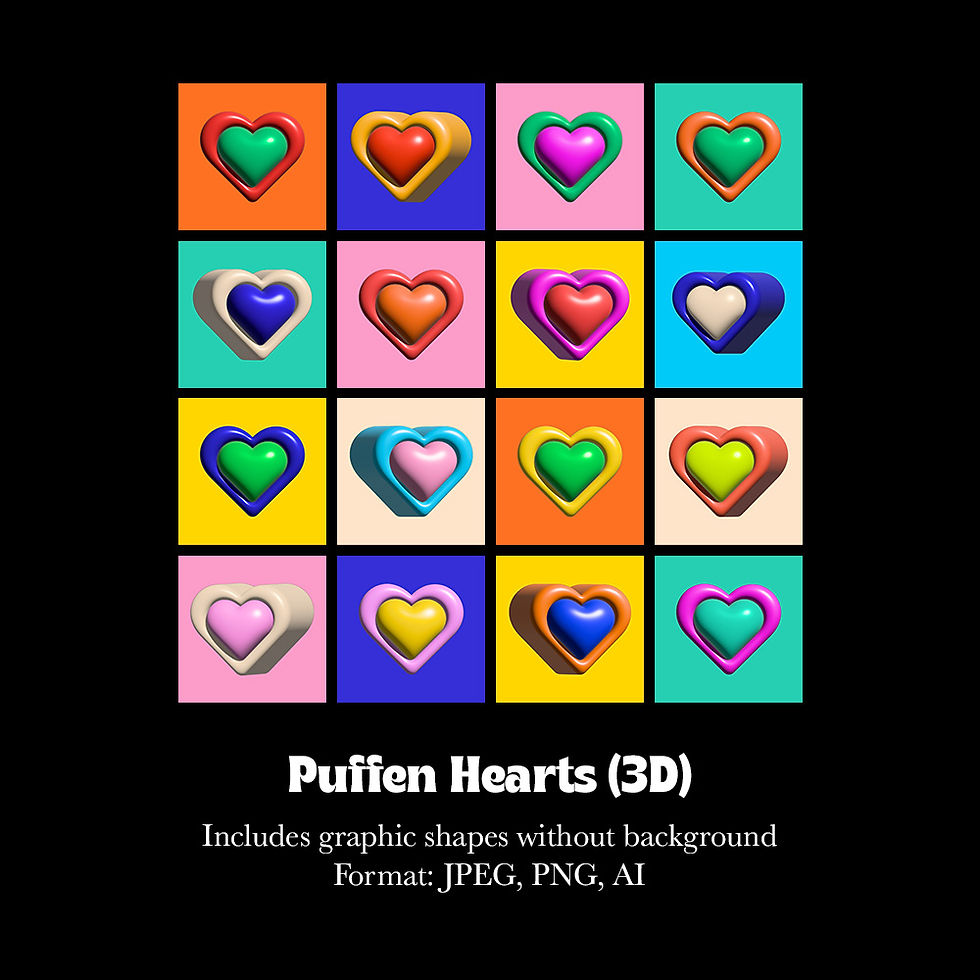 Colorful Puffen Hearts (3D) graphic shapes, JPEG, PNG, and AI formats background.