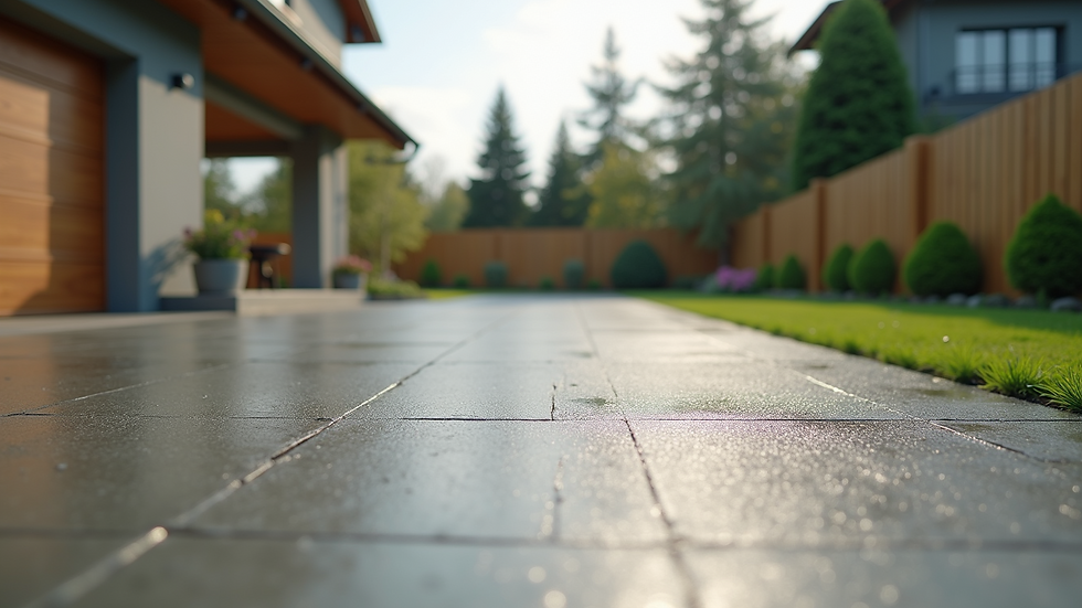 Wide angle view of a freshly poured concrete driveway