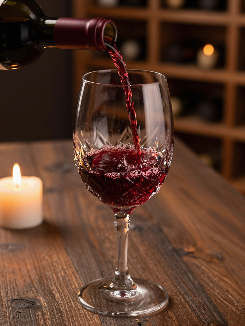 Red wine being poured into a crystal glass by candlelight