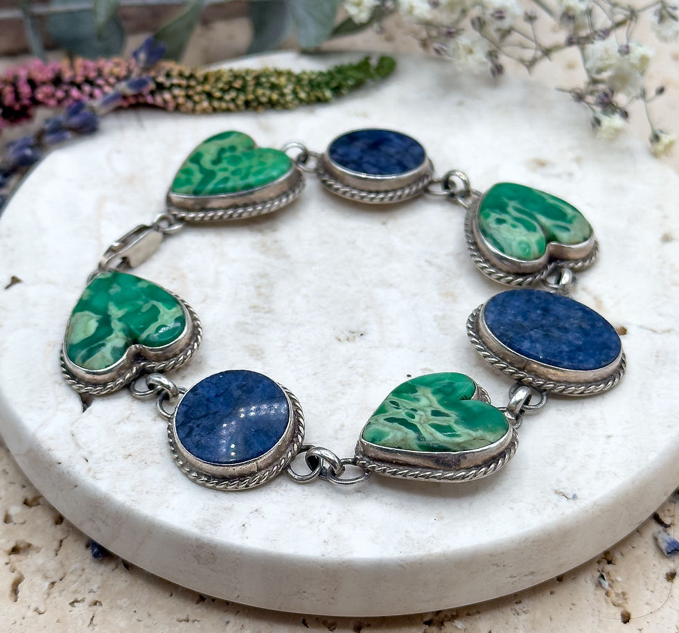 Vintage Variscite Heart Bracelet in Sterling Silver Milton Lee, Signed