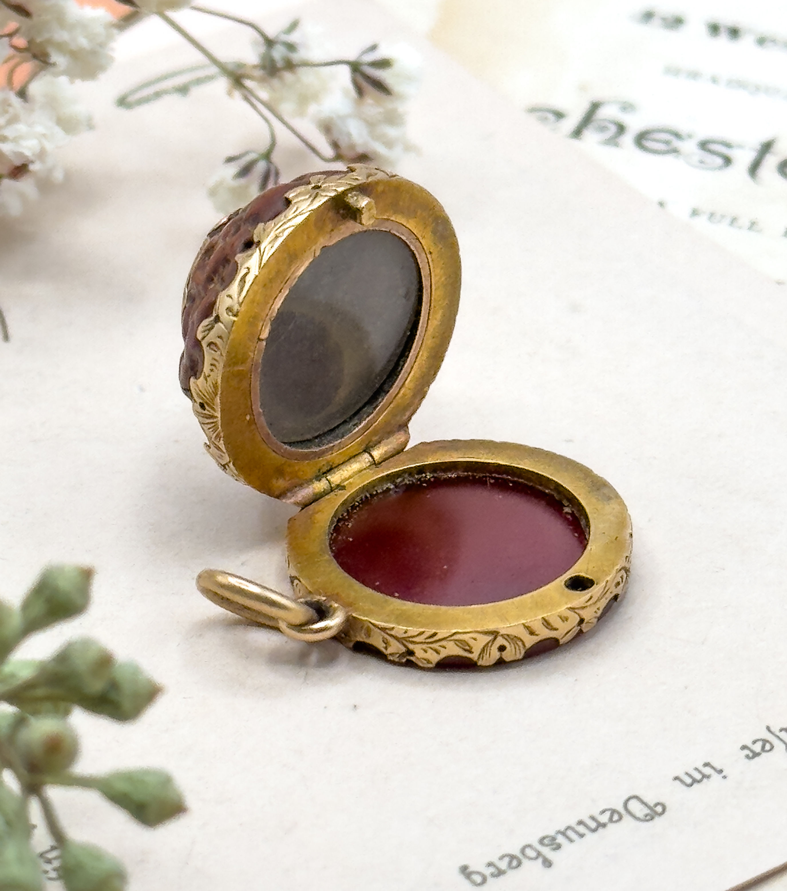 Antique Prayer Seed & Carnelian Locket in 15K Gold