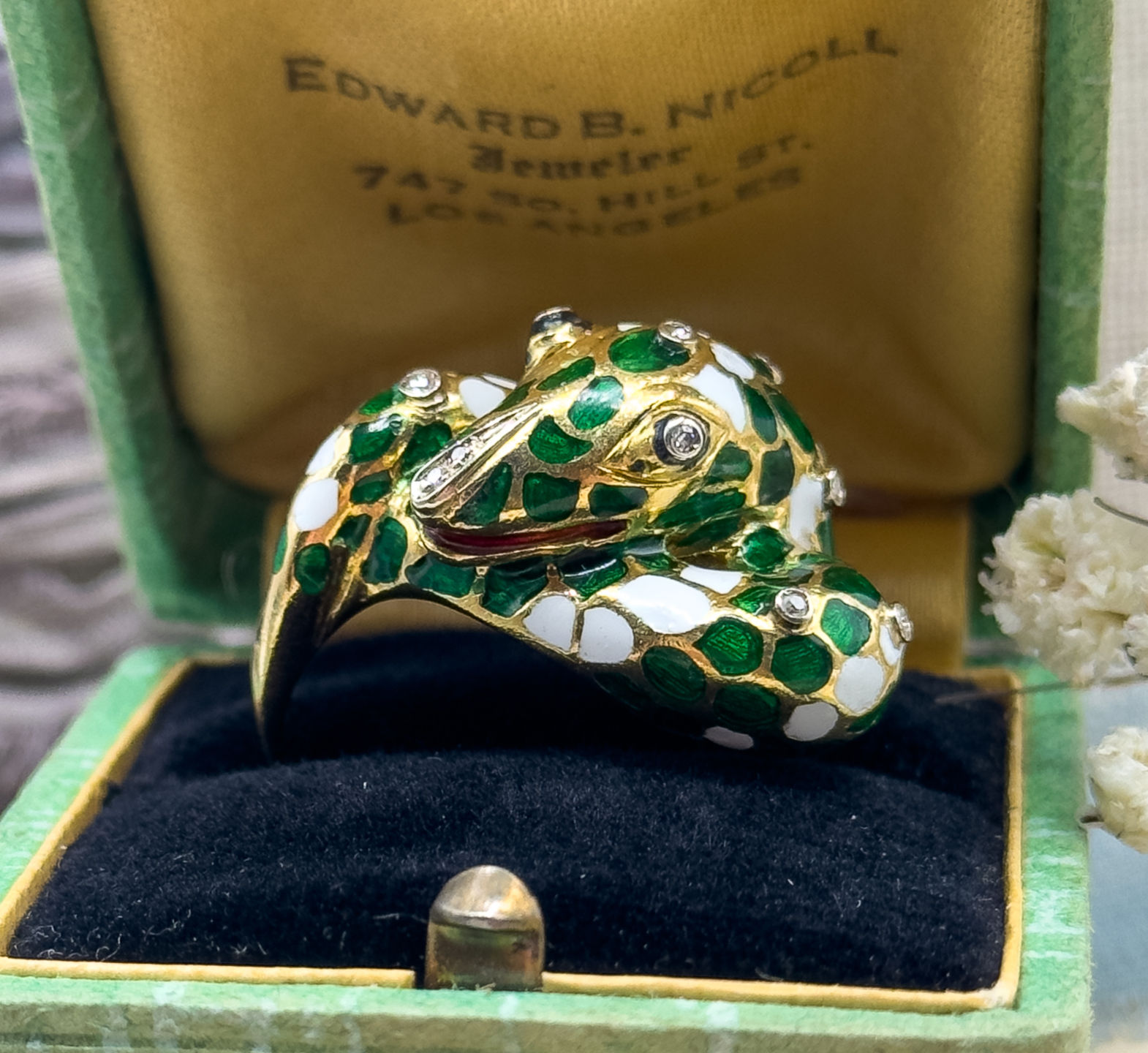 Vintage Enamel & Diamond Set Eye Snake Ring in 18K Yellow Gold