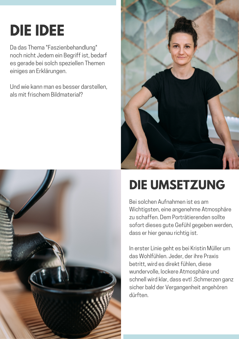 Therapeutin Kristin Müller sitzend auf Yogamatte und Tee fließt aus einer Teekanne in eine Tasse
