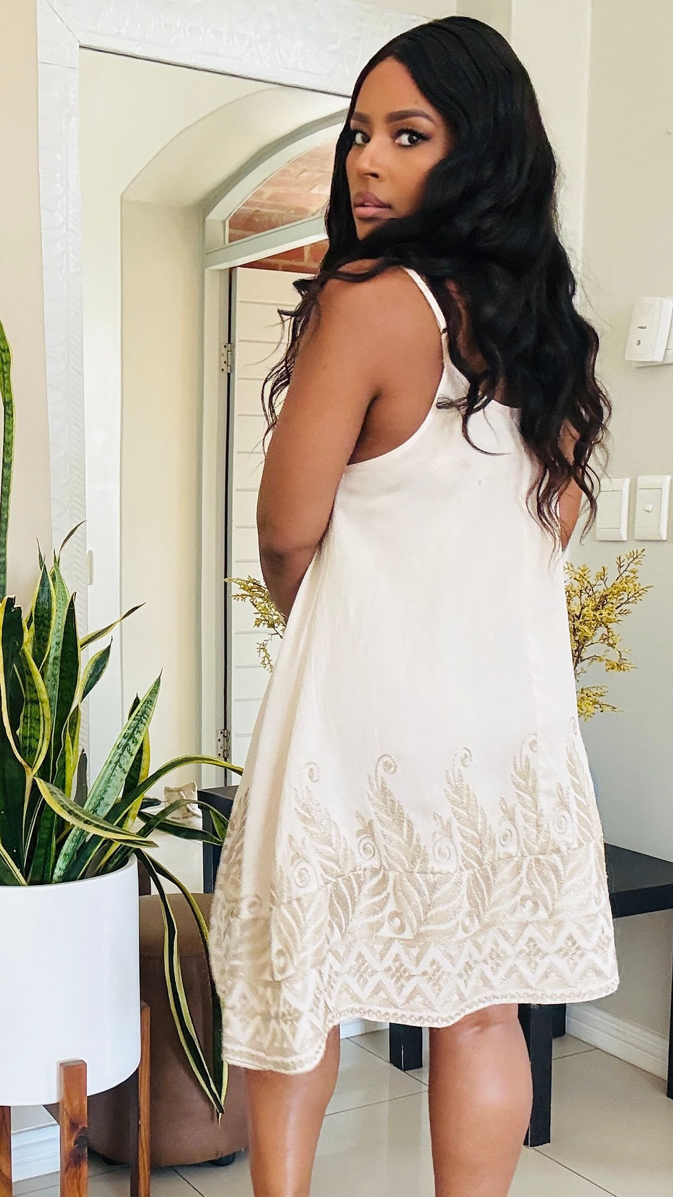 Thumbnail: Champagne Luna Embroidered Swing Dress
