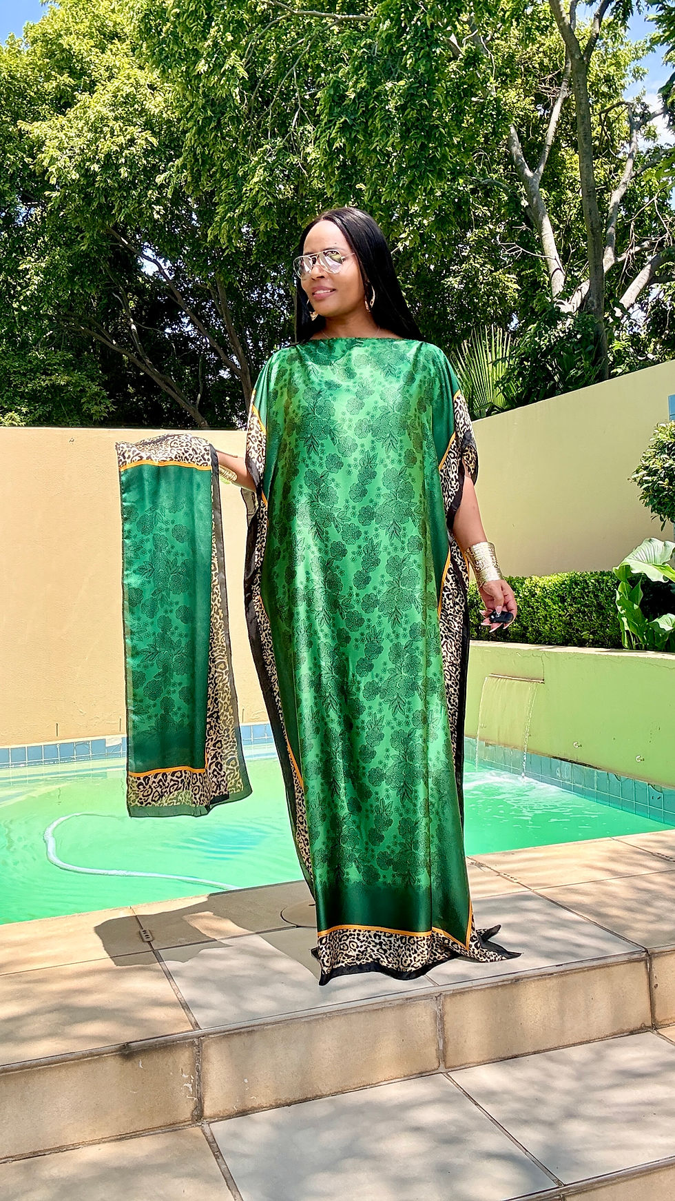 Thumbnail: Green and Animal Print Silk Kaftan