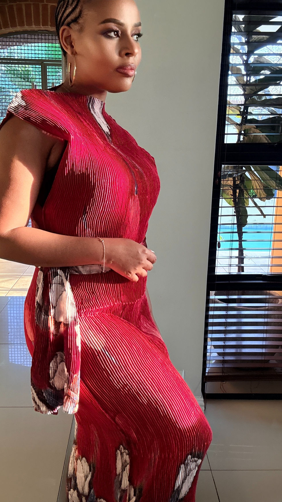 Thumbnail: Red Floral Ribbed Silk Kaftan