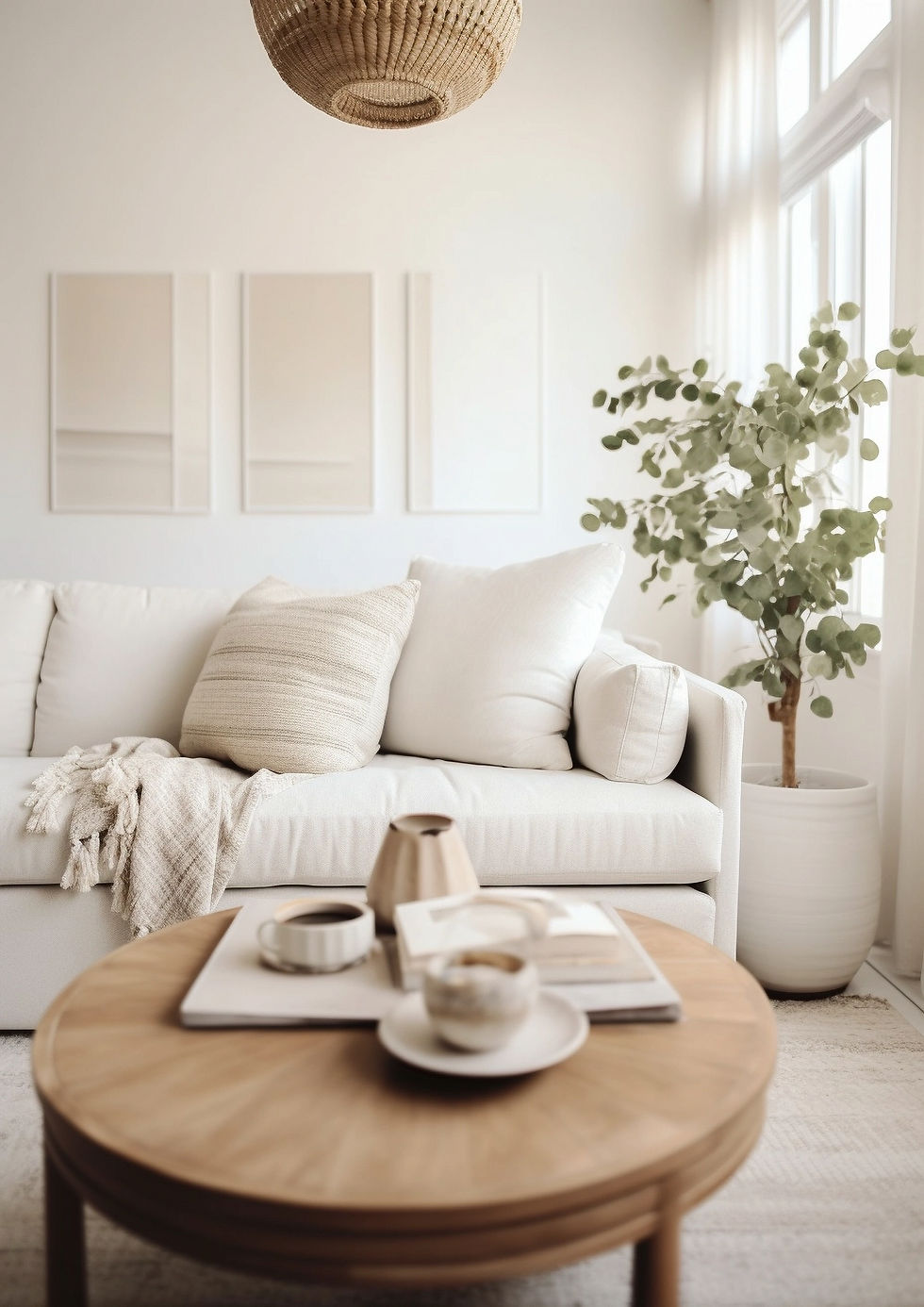 Designer living room featuring Ecru walls with contrasting black and beige accents.