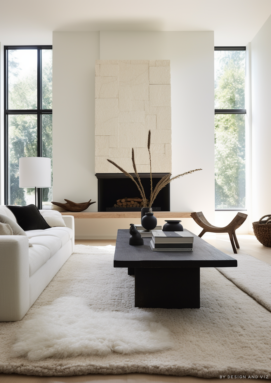 Modern living room with white sofa, graphite black table, and light rug. Tall windows, a beige stone fireplace, and minimalist decor create a serene vibe.