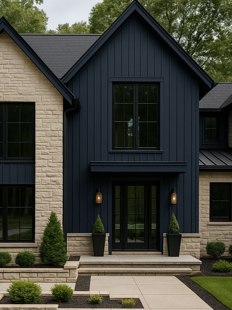 Modern navy house exterior painted in Benjamin Moore Hale Navy with white trim and black roof.