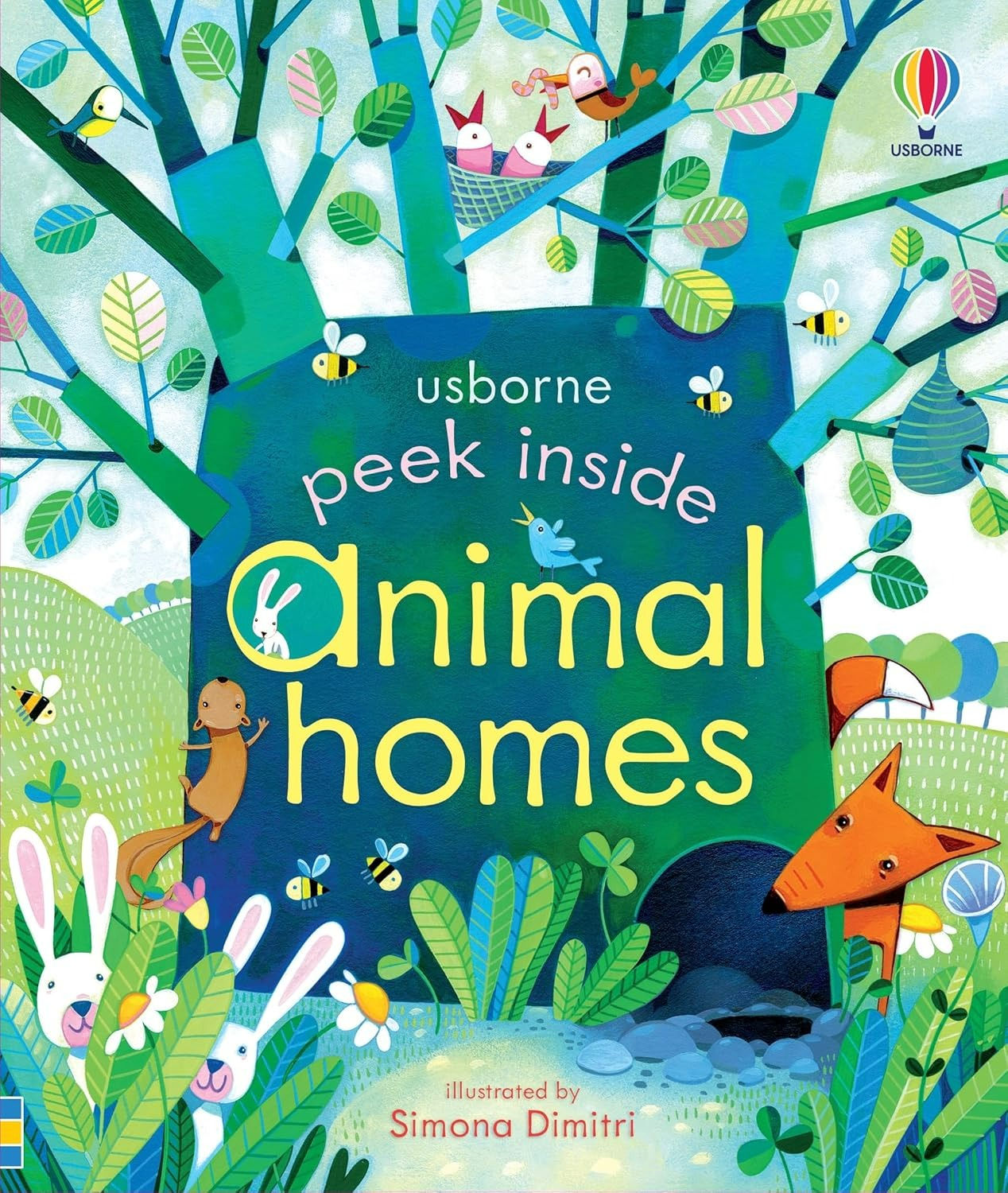 Peek Inside Animal Homes board book cover by Anna Milbourne featuring fox, rabbits and forest animals.