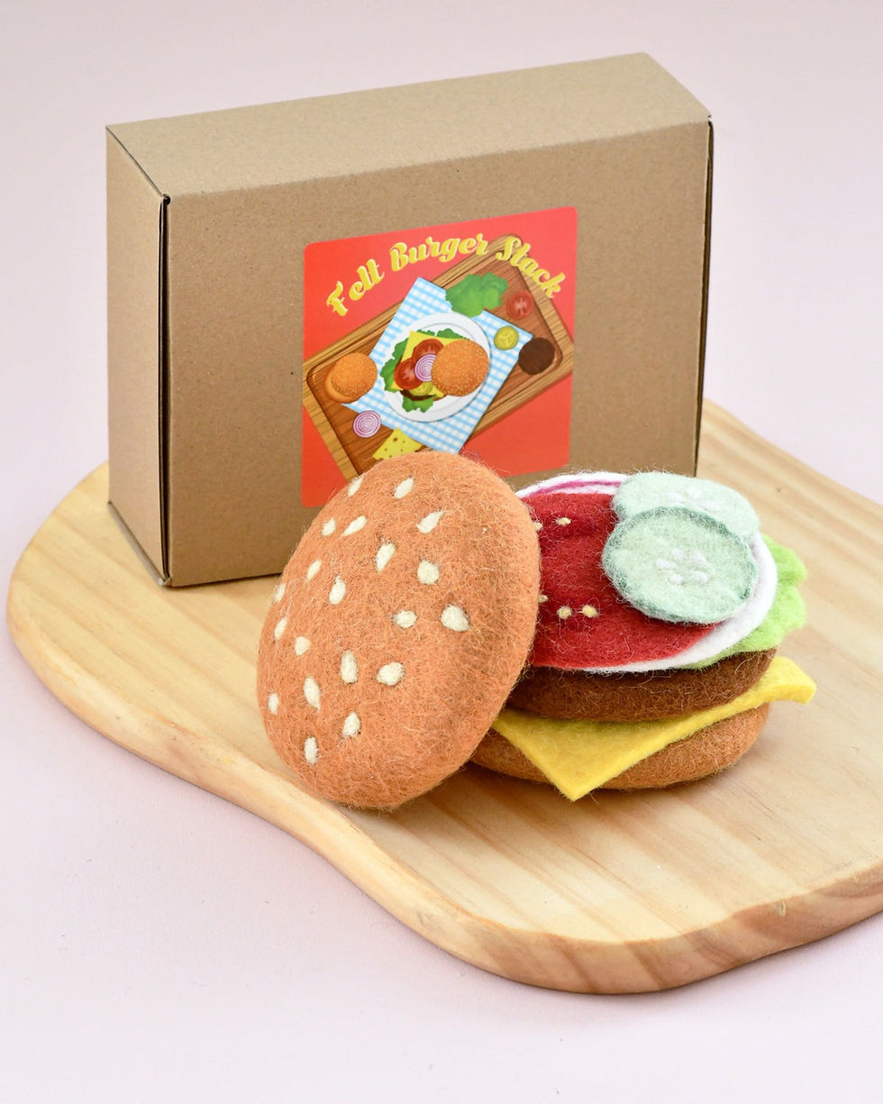 Tara Treasures Handmade Felt Burger Stack Play Food Set on awooden cutting board