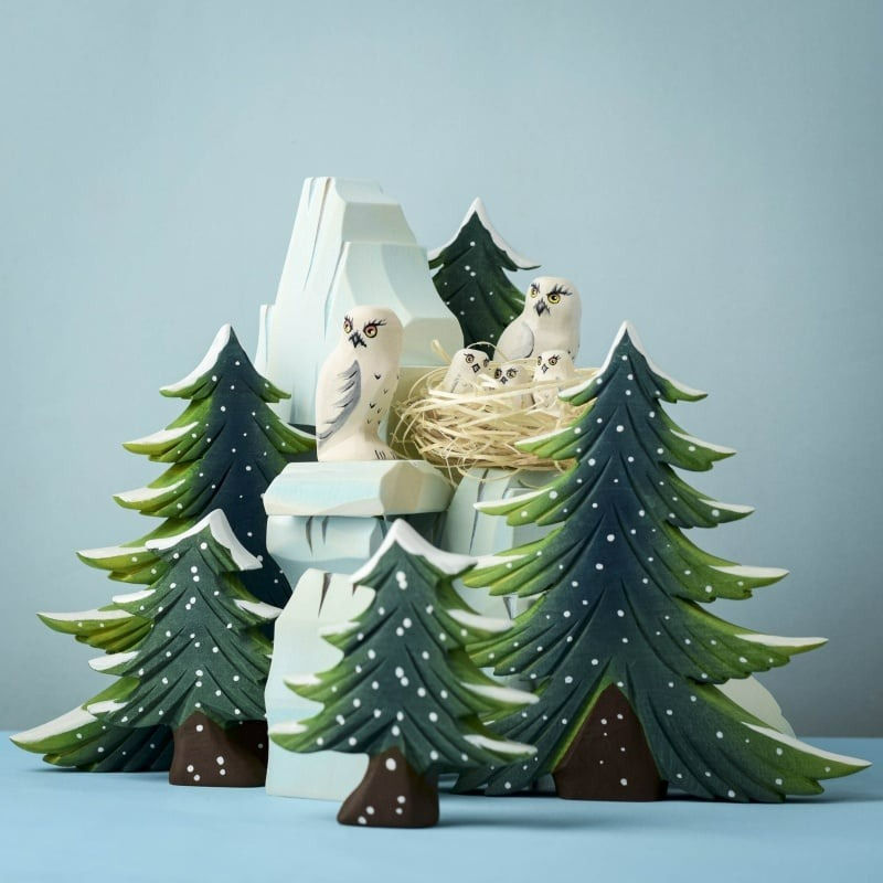 Thumbnail: Complete Arctic play setup featuring the Bumbu Toys wooden Snowy Owl Chick in a nest with other snowy owl figures.