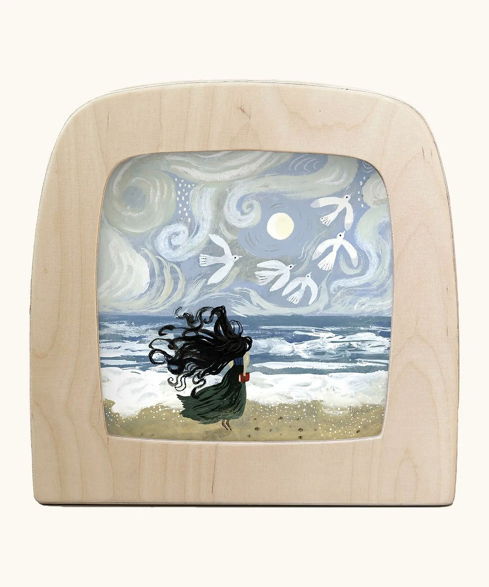 Toverlux silhouette by Tijana Draws showing a girl with long dark hair on a beach under a full moon with white birds.