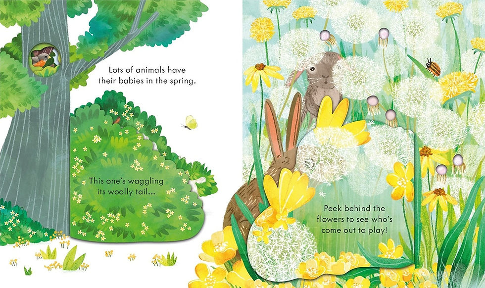 Thumbnail: Peek Inside Springtime lift-the-flap page featuring baby rabbit among spring flowers and meadow blossoms