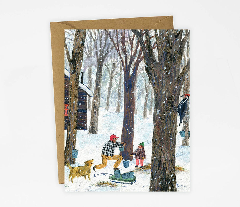 Phoebe Wahl Sugaring greeting card showing a parent and child collecting maple sap in a snowy forest.