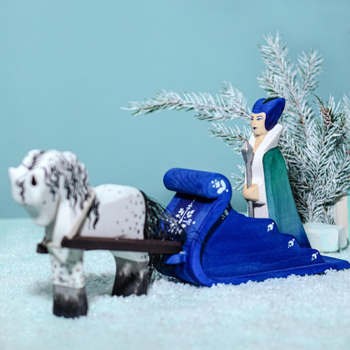 Bumbu Toys Wooden Snow Queen, Sleigh, and White Horse Set