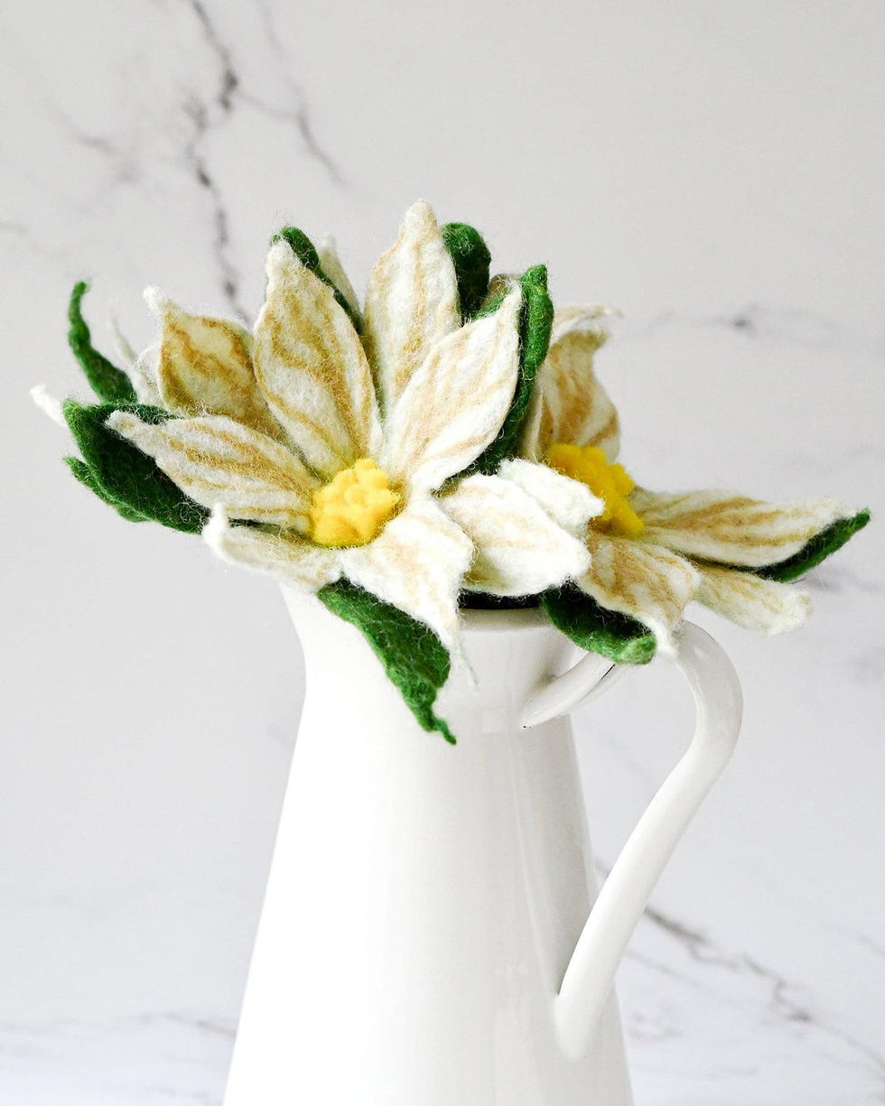 Thumbnail: Tara Treasures Handmade Felt White Poinsettia Flowers (Set of 3 Stems)