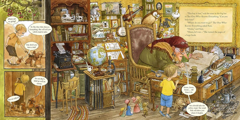 Thumbnail: An incredibly detailed study filled with books, a globe, and an old woman looking at a map with the boy.